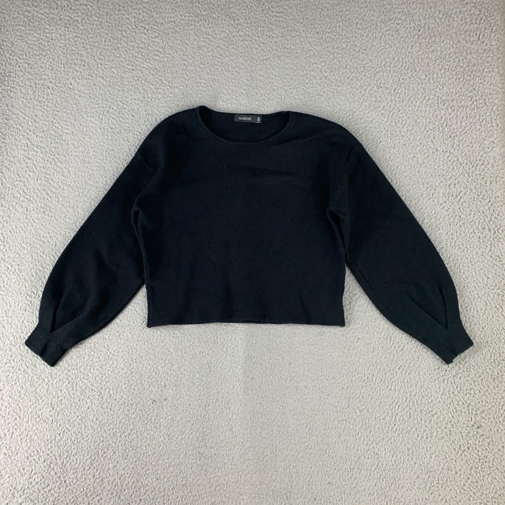 Glasson Sweater Womens Medium Cropped Balloon Sleeve Heavy Knit Black Minimalist
